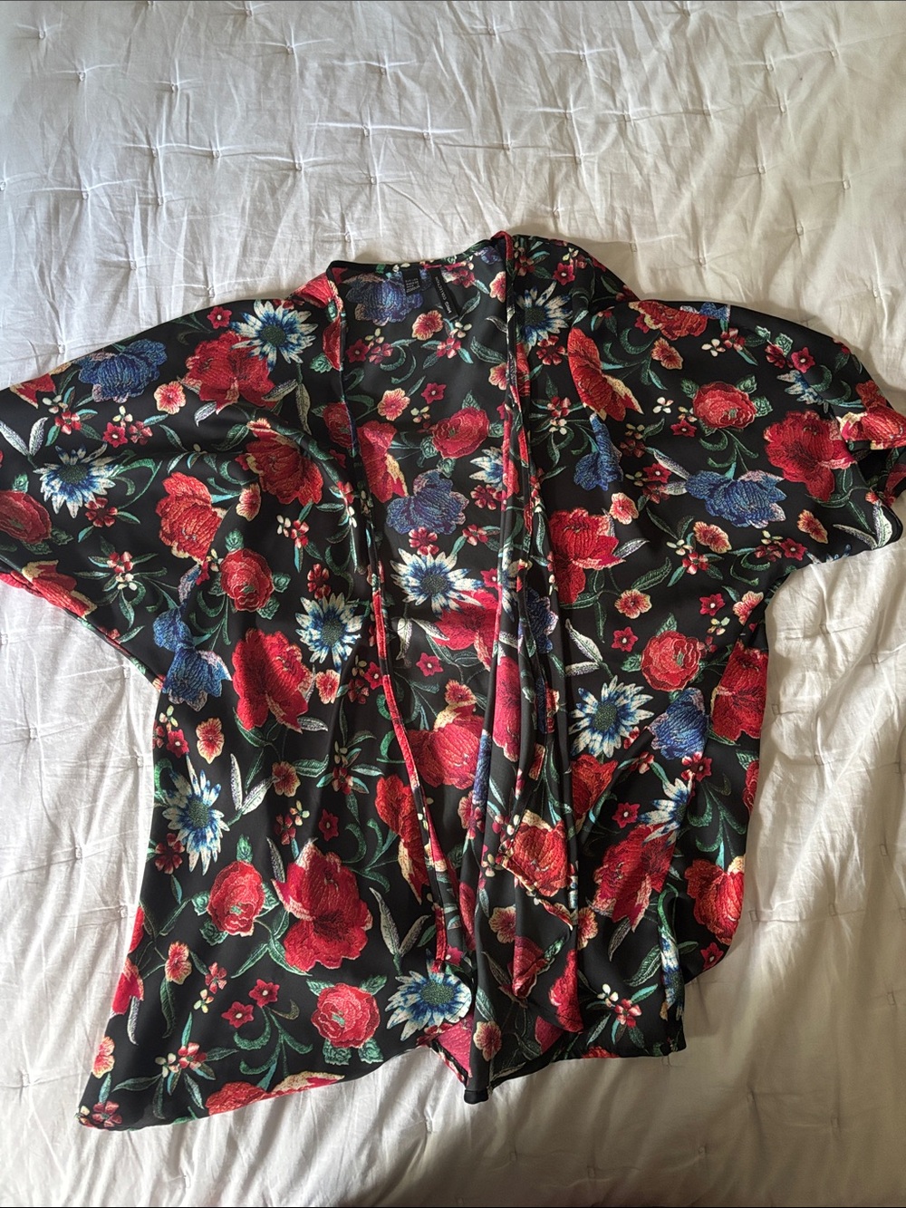 Floral Open-Front Kimono Blouse in Black with Red & Blue Blooms